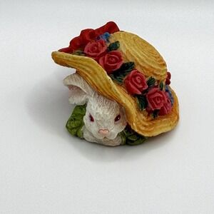 VTG Figure Hand Painted White Bunny Hiding Under A Hat Trimmed W/Rose Flowers.
